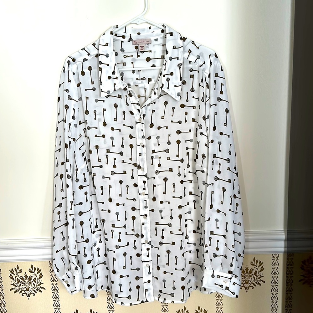 cb Established 1962 Long Sleeve Blouse Novelty Keys Print Button Up 3X Top